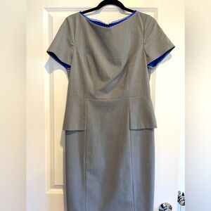 Elie Tahari peplum dress grey with blue silk fringe neckline